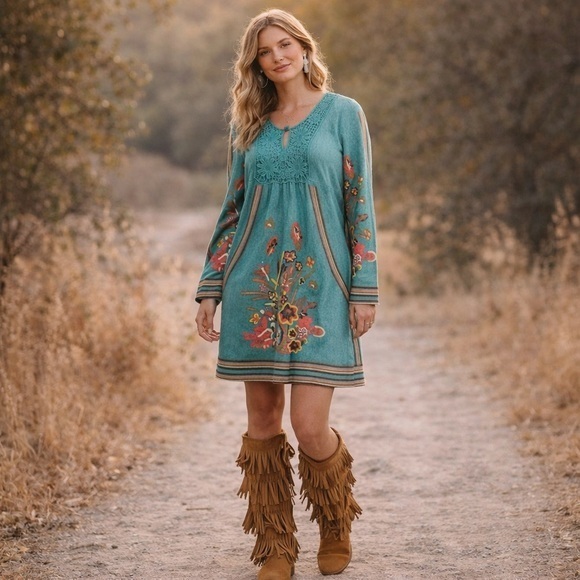 Aryeh Dresses & Skirts - Aryeh Boho Embroidered Floral Knit Small Dress Cottagecore Folk Art Whimsy